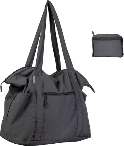 Ultra Light Packable Tote Bag Nylon for Travel, Lightweight Polyester Foldable Duffel Totes with Zipper, 25L Collapsible Compact Dark Grey