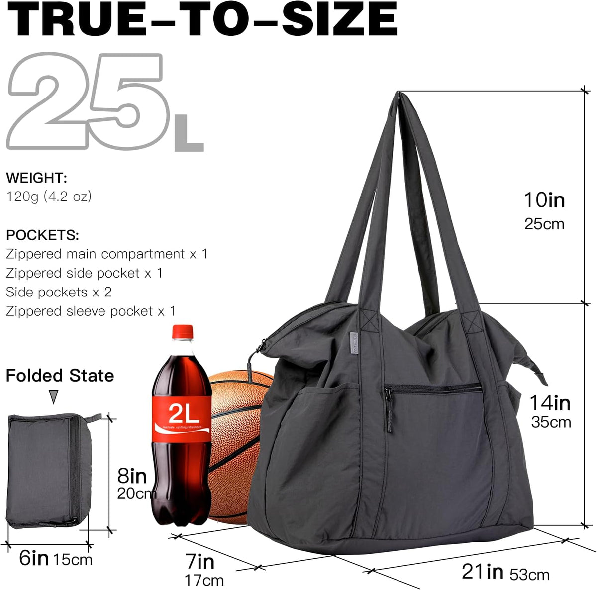Ultra Light Packable Tote Bag Nylon for Travel, Lightweight Polyester Foldable Duffel Totes with Zipper, 25L Collapsible Compact Dark Grey