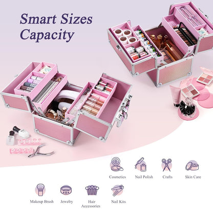 Makeup Case Makeup Box Cosmetic Organizer Case Portable Make Up Artist Travel Case Storage Box 4 Trays with Dividers Lockable Hard Train Case Nail Tech Supply Storage Mermaid Pink