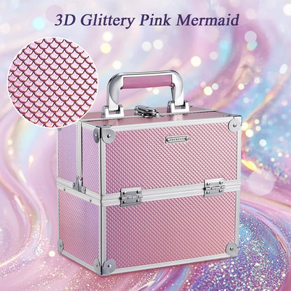Makeup Case Makeup Box Cosmetic Organizer Case Portable Make Up Artist Travel Case Storage Box 4 Trays with Dividers Lockable Hard Train Case Nail Tech Supply Storage Mermaid Pink