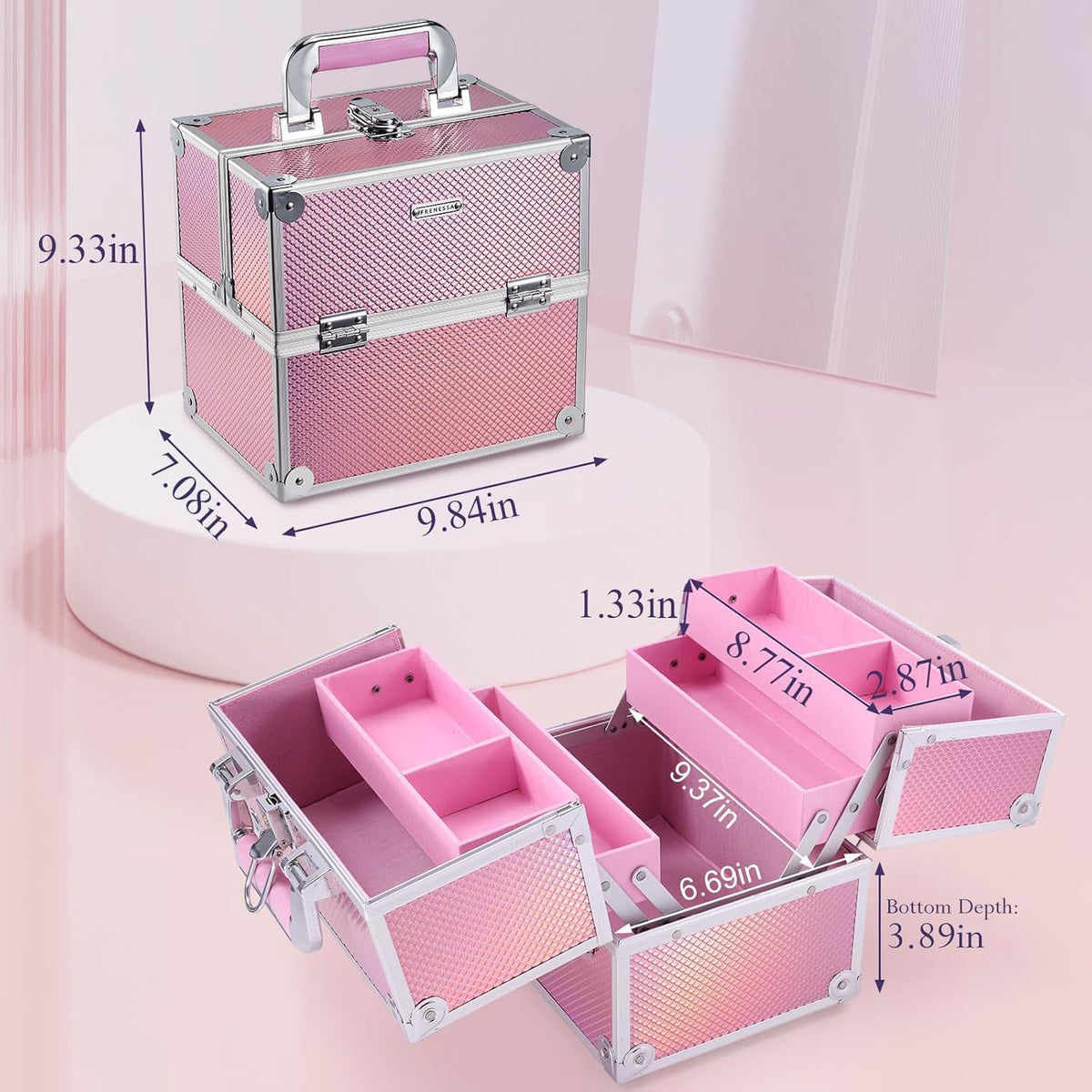 Makeup Case Makeup Box Cosmetic Organizer Case Portable Make Up Artist Travel Case Storage Box 4 Trays with Dividers Lockable Hard Train Case Nail Tech Supply Storage Mermaid Pink