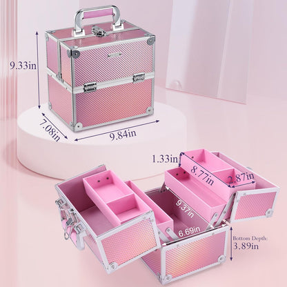 Makeup Case Makeup Box Cosmetic Organizer Case Portable Make Up Artist Travel Case Storage Box 4 Trays with Dividers Lockable Hard Train Case Nail Tech Supply Storage Mermaid Pink