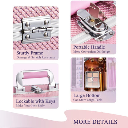Makeup Case Makeup Box Cosmetic Organizer Case Portable Make Up Artist Travel Case Storage Box 4 Trays with Dividers Lockable Hard Train Case Nail Tech Supply Storage Mermaid Pink