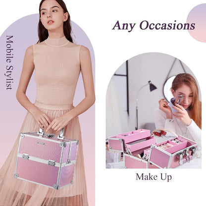 Makeup Case Makeup Box Cosmetic Organizer Case Portable Make Up Artist Travel Case Storage Box 4 Trays with Dividers Lockable Hard Train Case Nail Tech Supply Storage Mermaid Pink