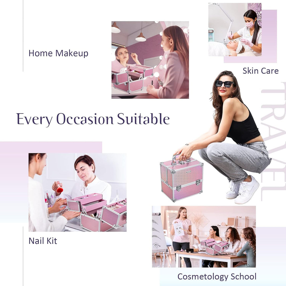 Makeup Case Makeup Box Cosmetic Organizer Case Portable Make Up Artist Travel Case Storage Box 4 Trays with Dividers Lockable Hard Train Case Nail Tech Supply Storage Mermaid Pink