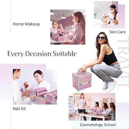 Makeup Case Makeup Box Cosmetic Organizer Case Portable Make Up Artist Travel Case Storage Box 4 Trays with Dividers Lockable Hard Train Case Nail Tech Supply Storage Mermaid Pink