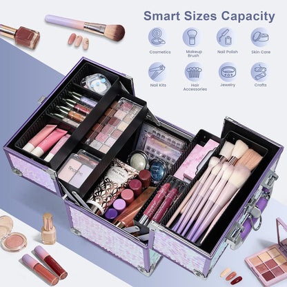 Makeup Case Makeup Box Cosmetic Organizer Case Portable Make Up Artist Travel Case Storage Box 4 Trays with Dividers Lockable Hard Train Case Nail Tech Supply Storage Mermaid Pink