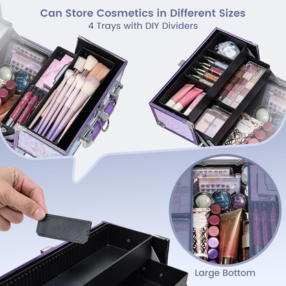 Makeup Case Makeup Box Cosmetic Organizer Case Portable Make Up Artist Travel Case Storage Box 4 Trays with Dividers Lockable Hard Train Case Nail Tech Supply Storage Mermaid Pink