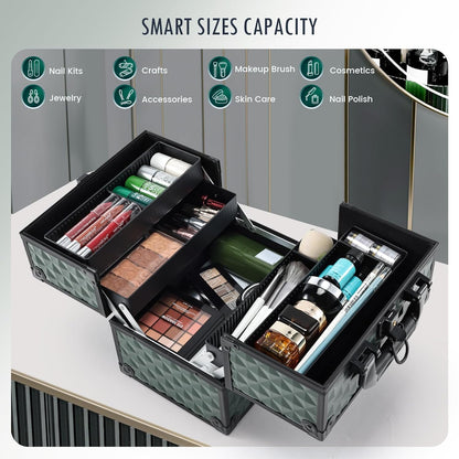 Makeup Case Makeup Box Cosmetic Organizer Case Portable Make Up Artist Travel Case Storage Box 4 Trays with Dividers Lockable Hard Train Case Nail Tech Supply Storage Mermaid Pink