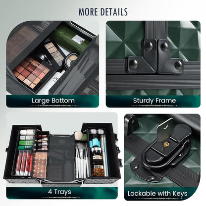 Makeup Case Makeup Box Cosmetic Organizer Case Portable Make Up Artist Travel Case Storage Box 4 Trays with Dividers Lockable Hard Train Case Nail Tech Supply Storage Mermaid Pink