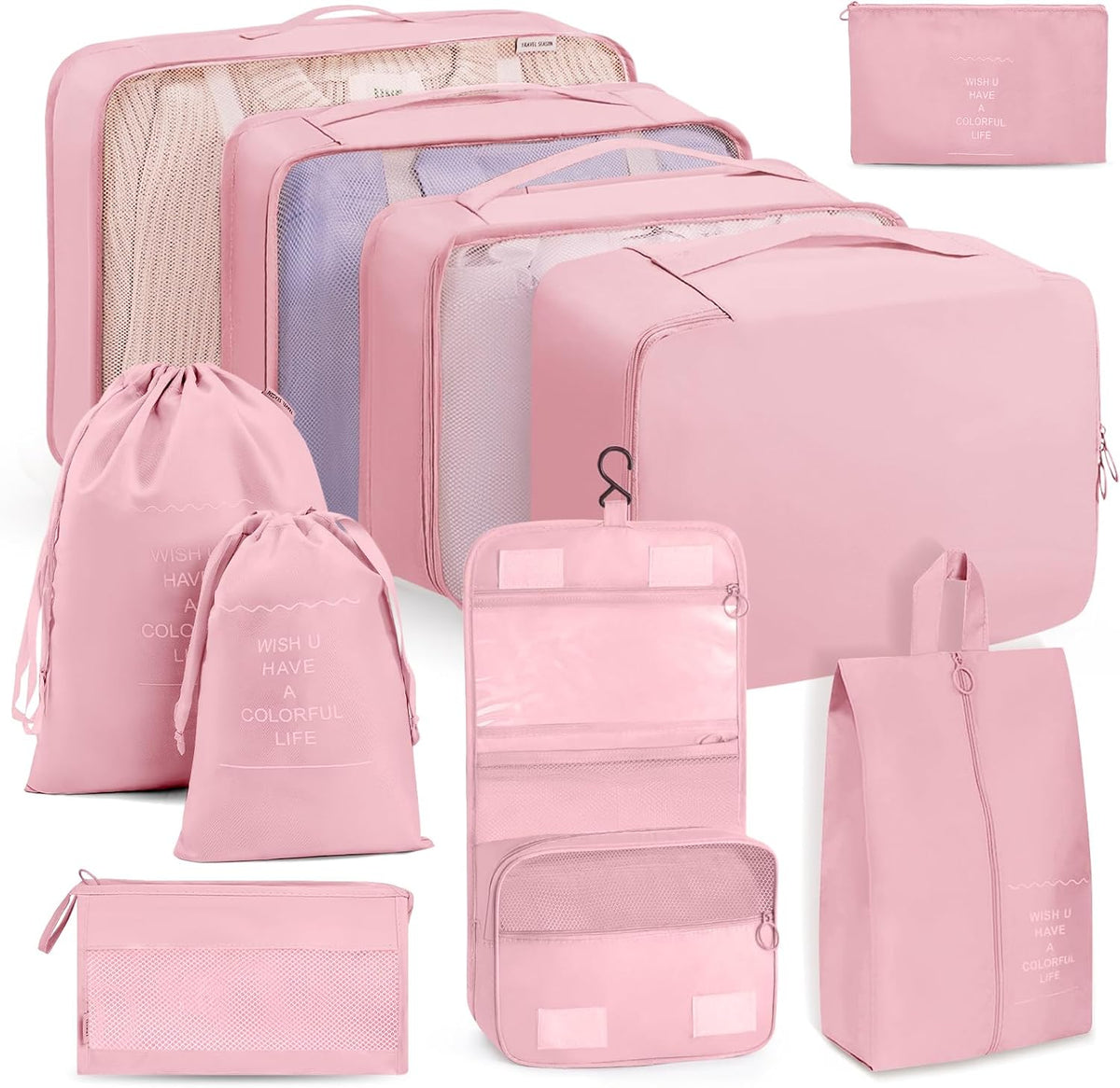 Packing Cubes 10 PCS, Mesh Breathable Luggage Organizers Bags, Packing Organizers, Durable Travel Essentials Bags Set, Travel Packing Organizers,Pink