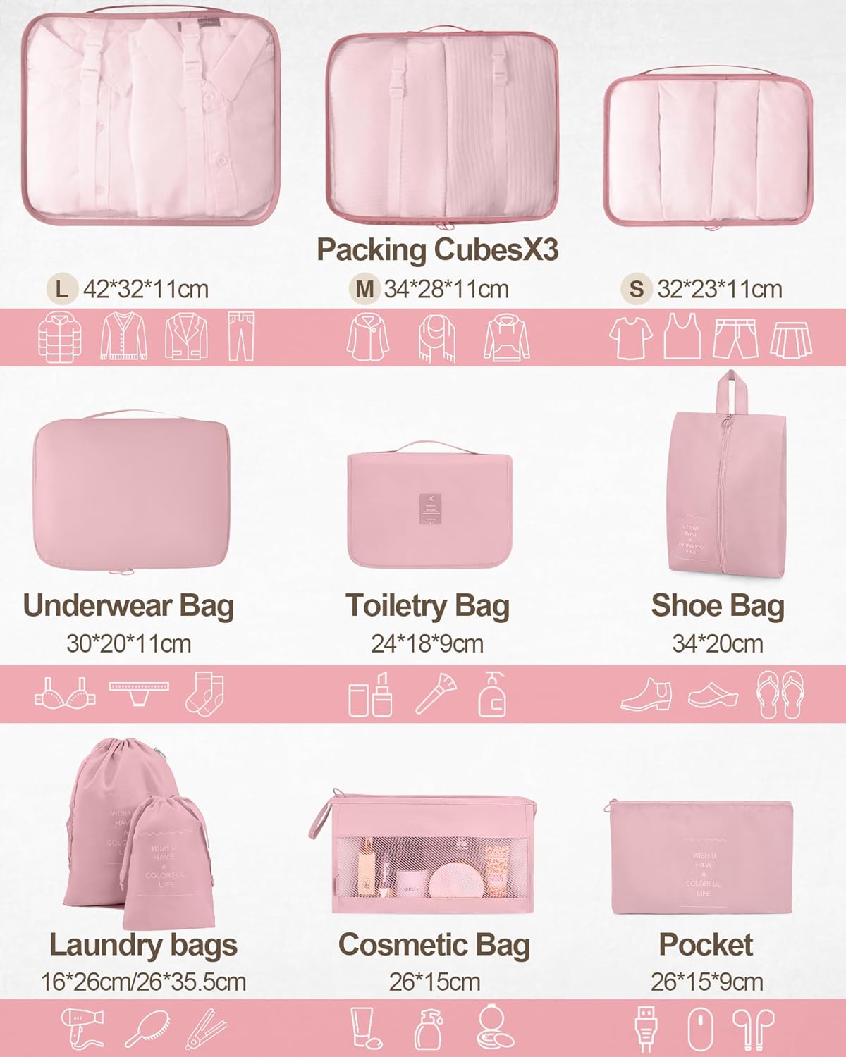 Packing Cubes 10 PCS, Mesh Breathable Luggage Organizers Bags, Packing Organizers, Durable Travel Essentials Bags Set, Travel Packing Organizers,Pink