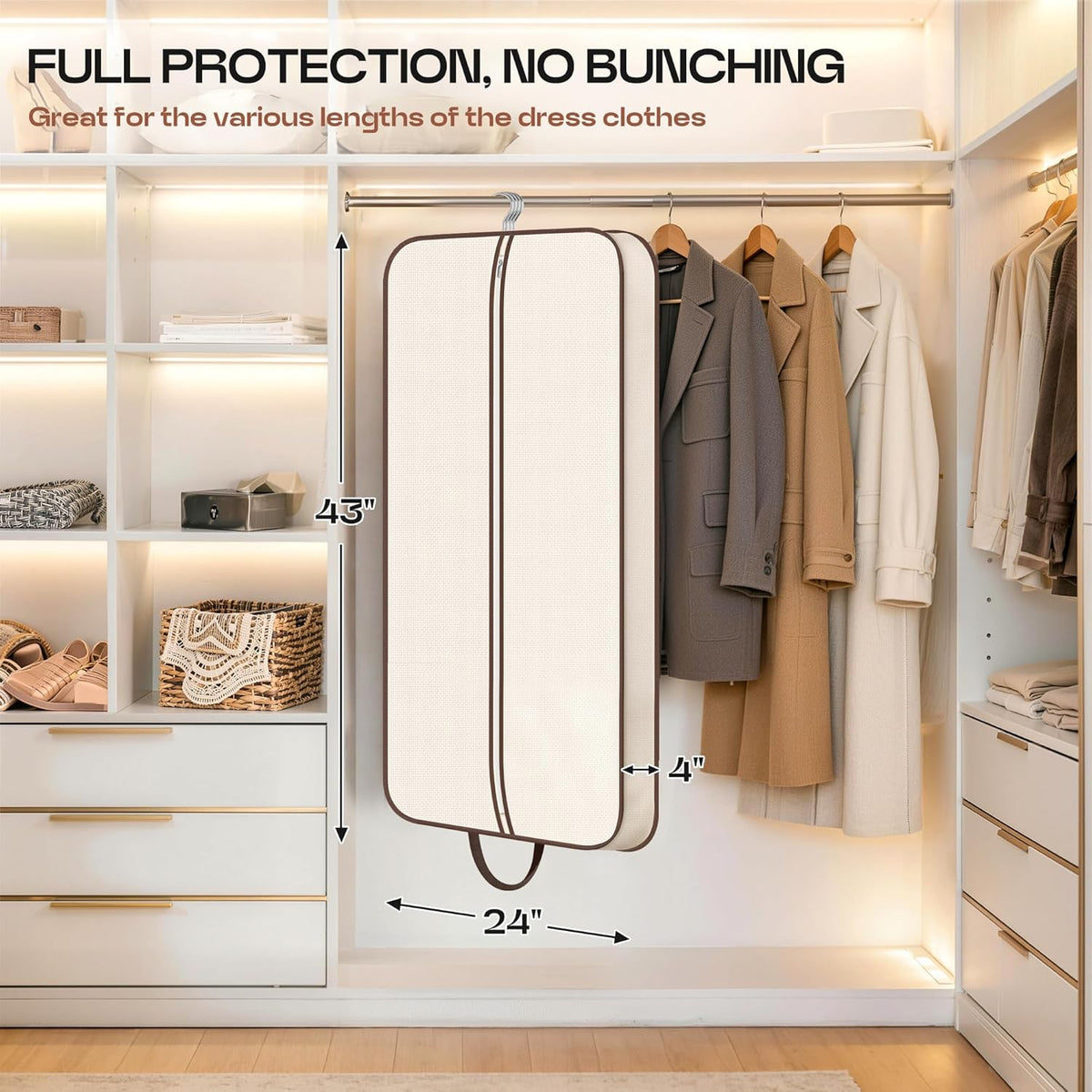 60" Foldable Garment Bags for Travel for Women Dress Bags for Gowns Long Hanging Bag for Closet Storage Dress Protector Bag for Gowns, Suits, Coats, Beige