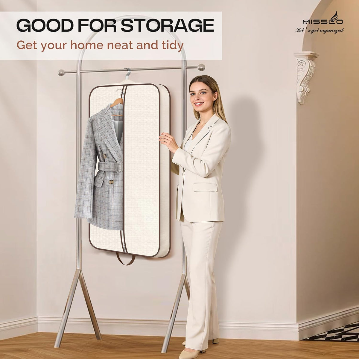 60" Foldable Garment Bags for Travel for Women Dress Bags for Gowns Long Hanging Bag for Closet Storage Dress Protector Bag for Gowns, Suits, Coats, Beige