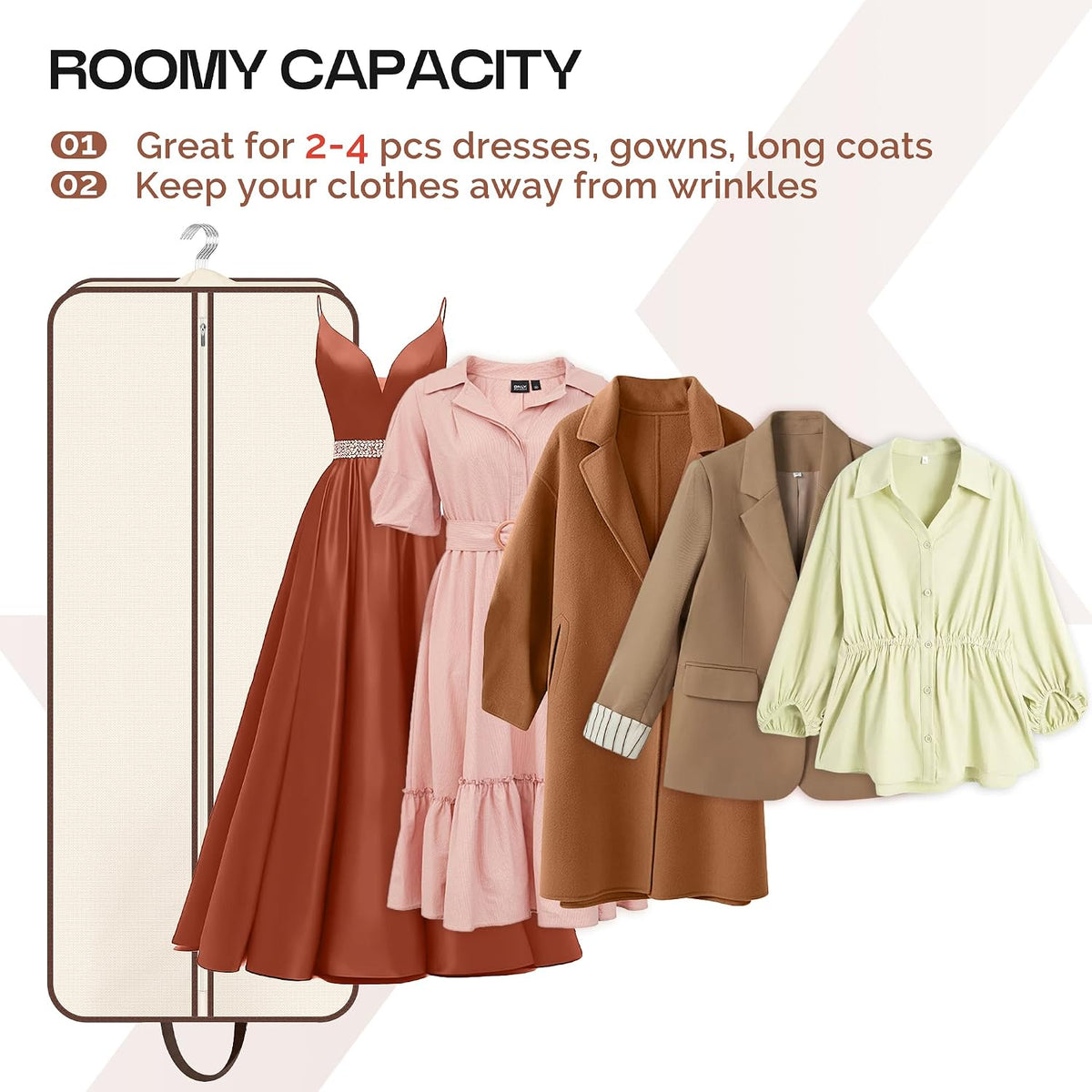 60" Foldable Garment Bags for Travel for Women Dress Bags for Gowns Long Hanging Bag for Closet Storage Dress Protector Bag for Gowns, Suits, Coats, Beige