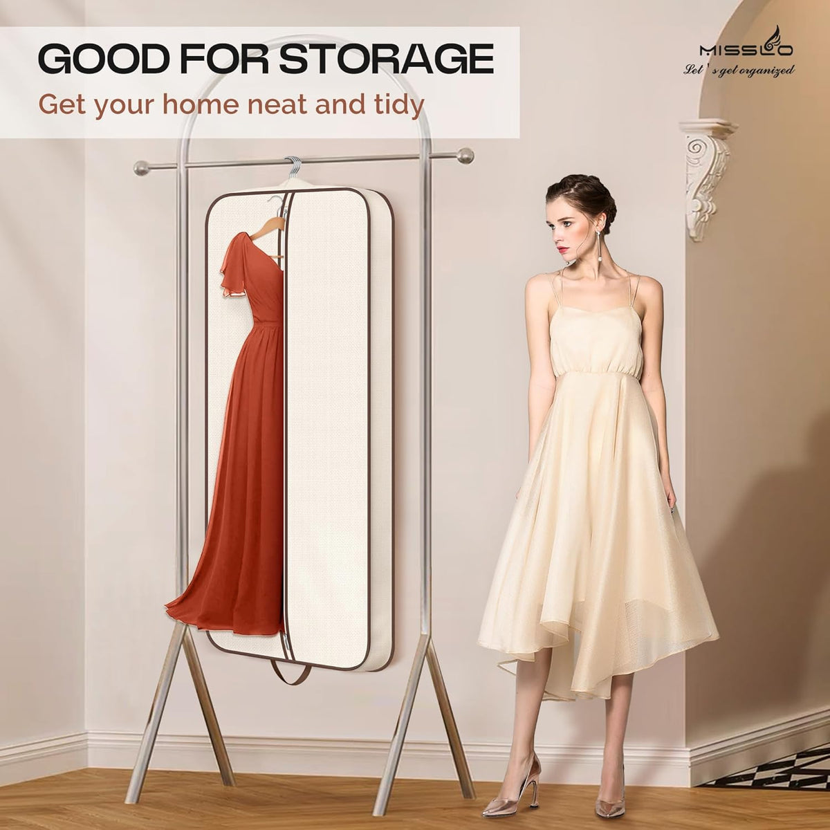 60" Foldable Garment Bags for Travel for Women Dress Bags for Gowns Long Hanging Bag for Closet Storage Dress Protector Bag for Gowns, Suits, Coats, Beige