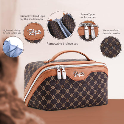 Travel Makeup Bag for Women: Large Cosmetic Bag Set of 3 - PU Leather Make up Bag with Compartments - Compact Waterproof Toiletry Bag with Divider & Handle (D-4-Red) - Colors A