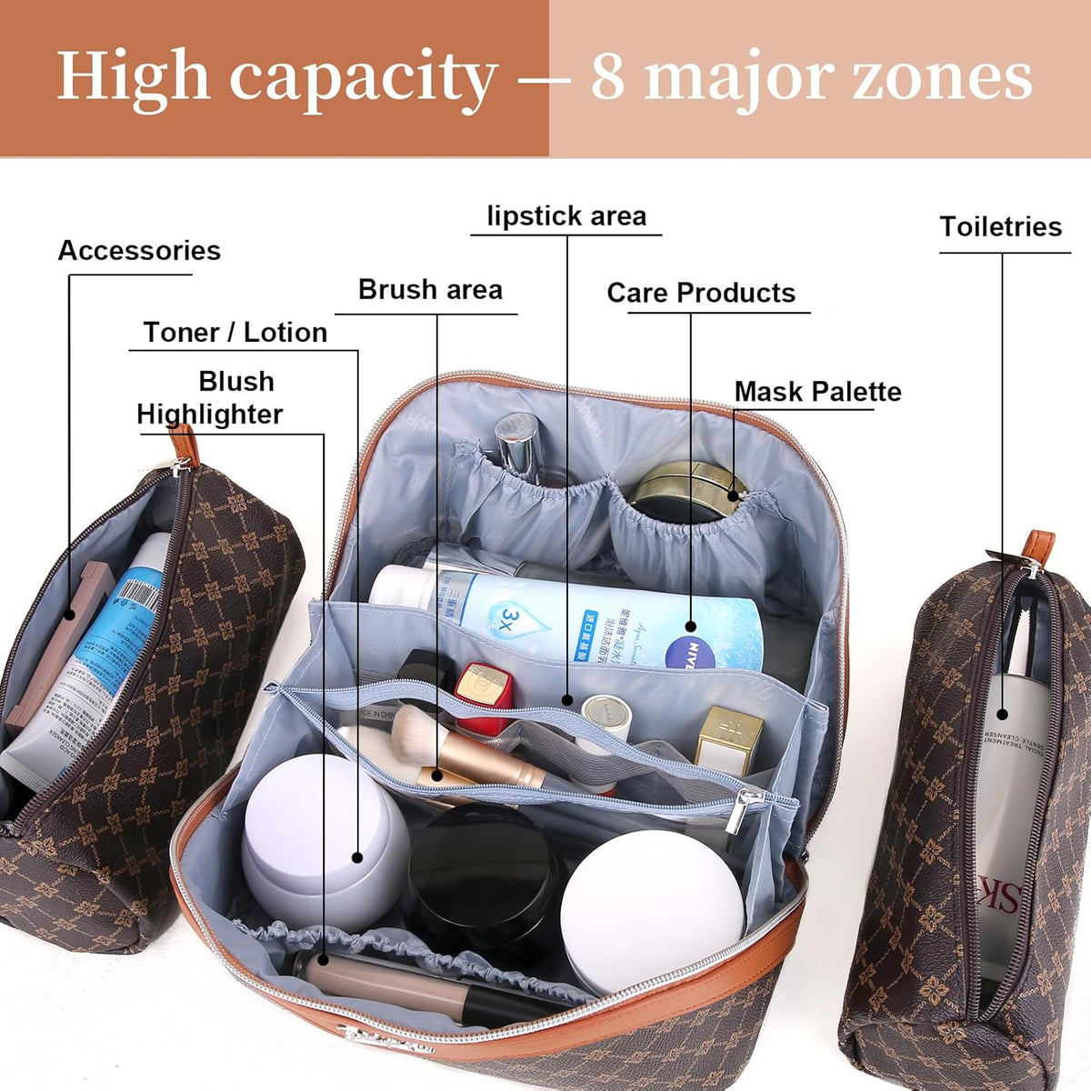 Travel Makeup Bag for Women: Large Cosmetic Bag Set of 3 - PU Leather Make up Bag with Compartments - Compact Waterproof Toiletry Bag with Divider & Handle (D-4-Red) - Colors A