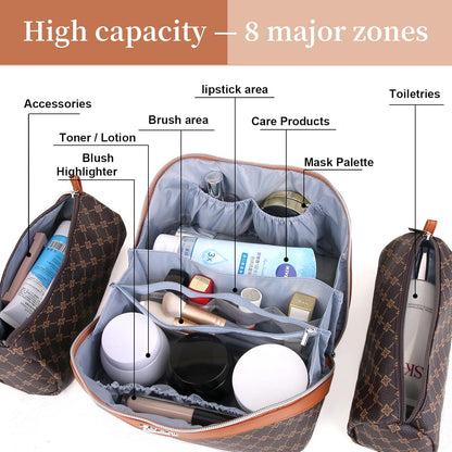 Travel Makeup Bag for Women: Large Cosmetic Bag Set of 3 - PU Leather Make up Bag with Compartments - Compact Waterproof Toiletry Bag with Divider & Handle (D-4-Red) - Colors A