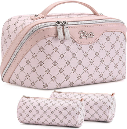 Travel Makeup Bag for Women: Large Cosmetic Bag Set of 3 - PU Leather Make up Bag with Compartments - Compact Waterproof Toiletry Bag with Divider & Handle (D-4-Red) - Colors A