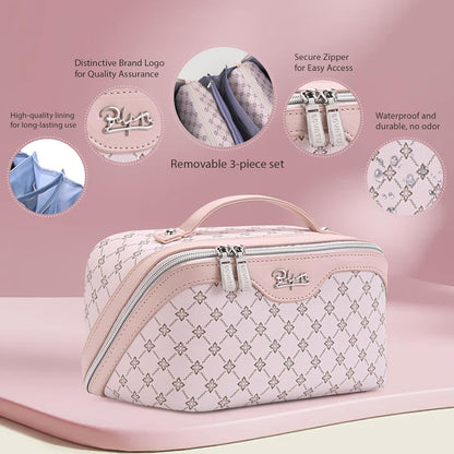 Travel Makeup Bag for Women: Large Cosmetic Bag Set of 3 - PU Leather Make up Bag with Compartments - Compact Waterproof Toiletry Bag with Divider & Handle (D-4-Red) - Colors A