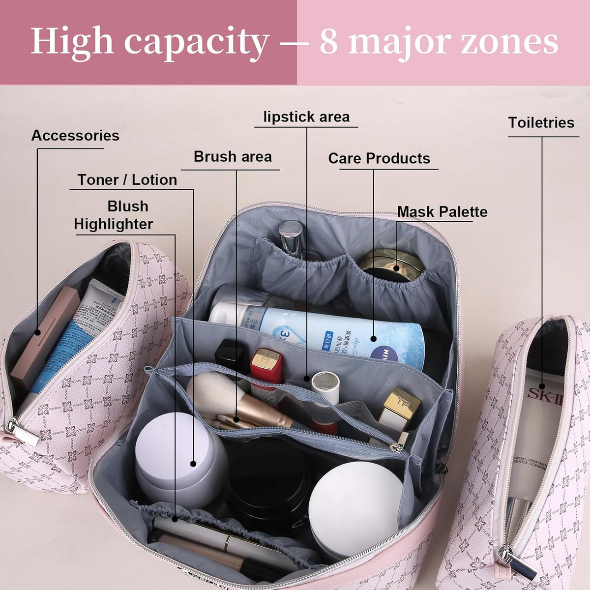 Travel Makeup Bag for Women: Large Cosmetic Bag Set of 3 - PU Leather Make up Bag with Compartments - Compact Waterproof Toiletry Bag with Divider & Handle (D-4-Red) - Colors A