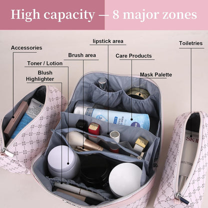 Travel Makeup Bag for Women: Large Cosmetic Bag Set of 3 - PU Leather Make up Bag with Compartments - Compact Waterproof Toiletry Bag with Divider & Handle (D-4-Red) - Colors A