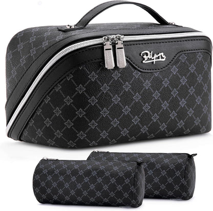 Travel Makeup Bag for Women: Large Cosmetic Bag Set of 3 - PU Leather Make up Bag with Compartments - Compact Waterproof Toiletry Bag with Divider & Handle (D-4-Red) - Colors A