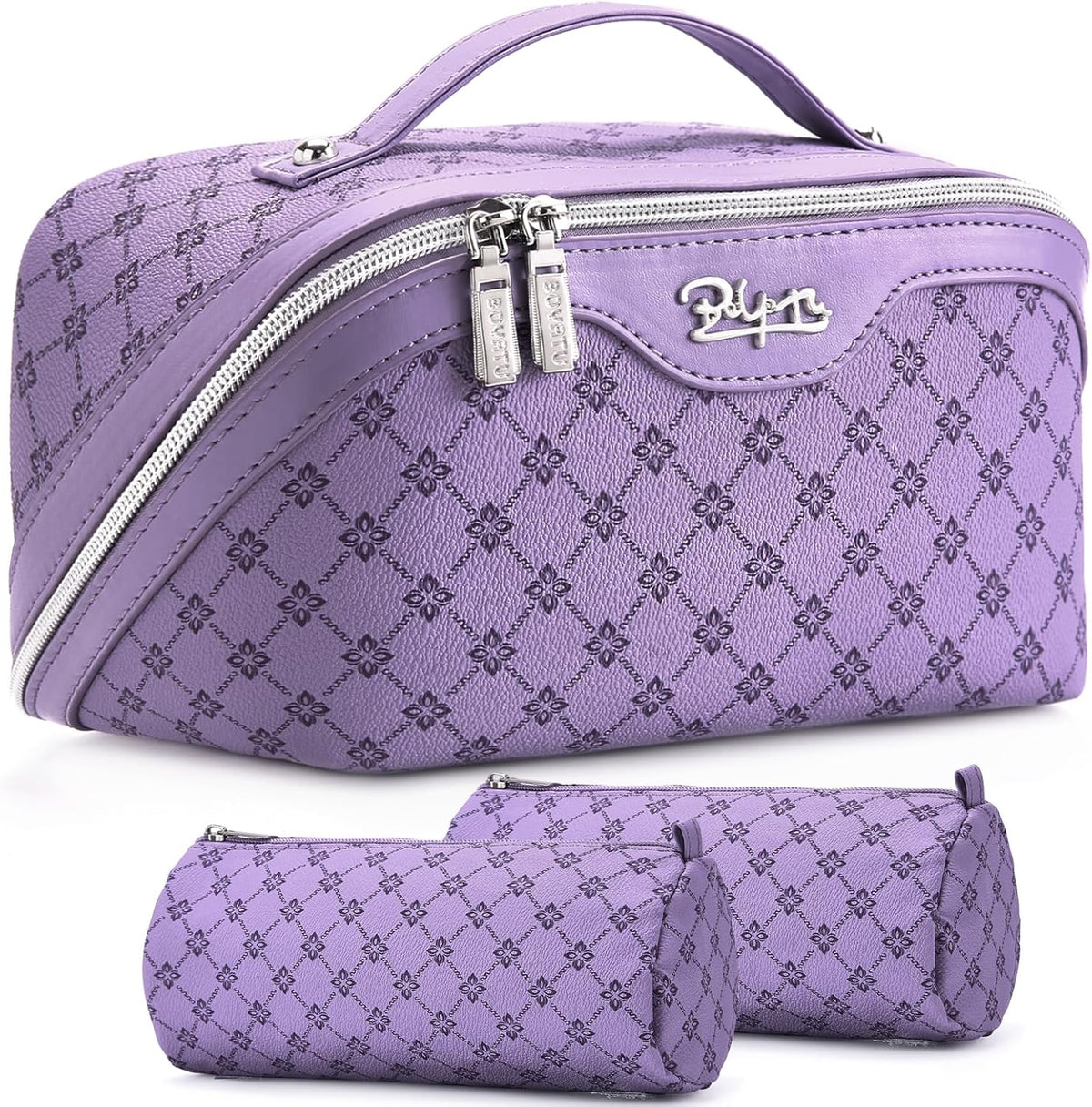 Travel Makeup Bag for Women: Large Cosmetic Bag Set of 3 - PU Leather Make up Bag with Compartments - Compact Waterproof Toiletry Bag with Divider & Handle (D-4-Red) - Colors A