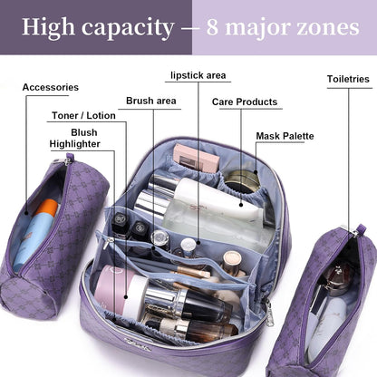 Travel Makeup Bag for Women: Large Cosmetic Bag Set of 3 - PU Leather Make up Bag with Compartments - Compact Waterproof Toiletry Bag with Divider & Handle (D-4-Red) - Colors A
