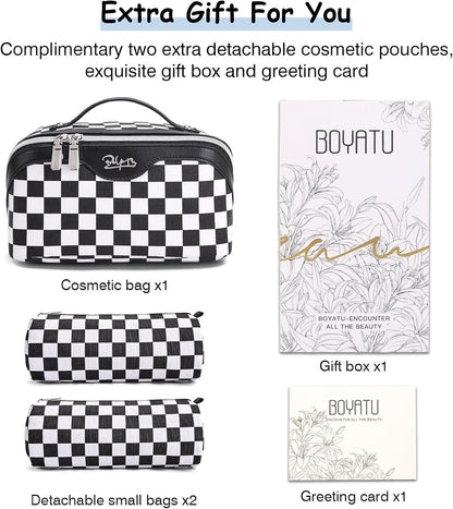 Travel Makeup Bag for Women: Large Cosmetic Bag Set of 3 - PU Leather Make up Bag with Compartments - Compact Waterproof Toiletry Bag with Divider & Handle (D-4-Red) - Colors A
