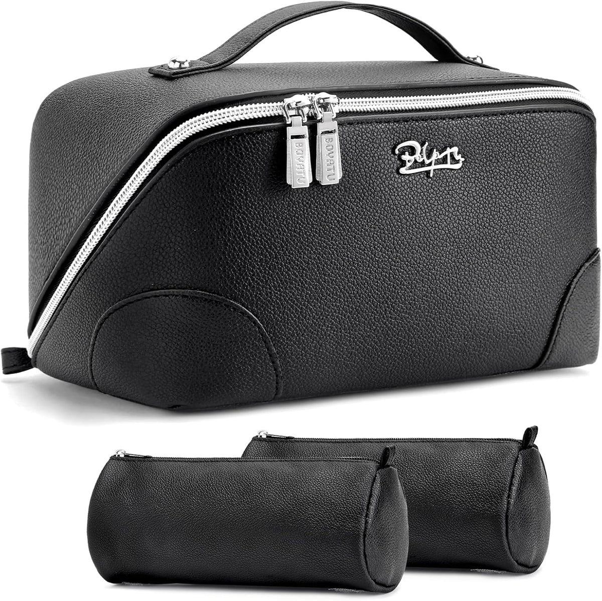Travel Makeup Bag for Women: Large Cosmetic Bag Set of 3 - PU Leather Make up Bag with Compartments - Compact Waterproof Toiletry Bag with Divider & Handle (D-4-Red) - Colors A