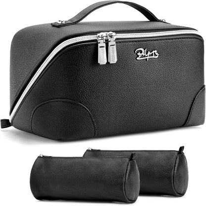 Travel Makeup Bag for Women: Large Cosmetic Bag Set of 3 - PU Leather Make up Bag with Compartments - Compact Waterproof Toiletry Bag with Divider & Handle (D-4-Red) - Colors A