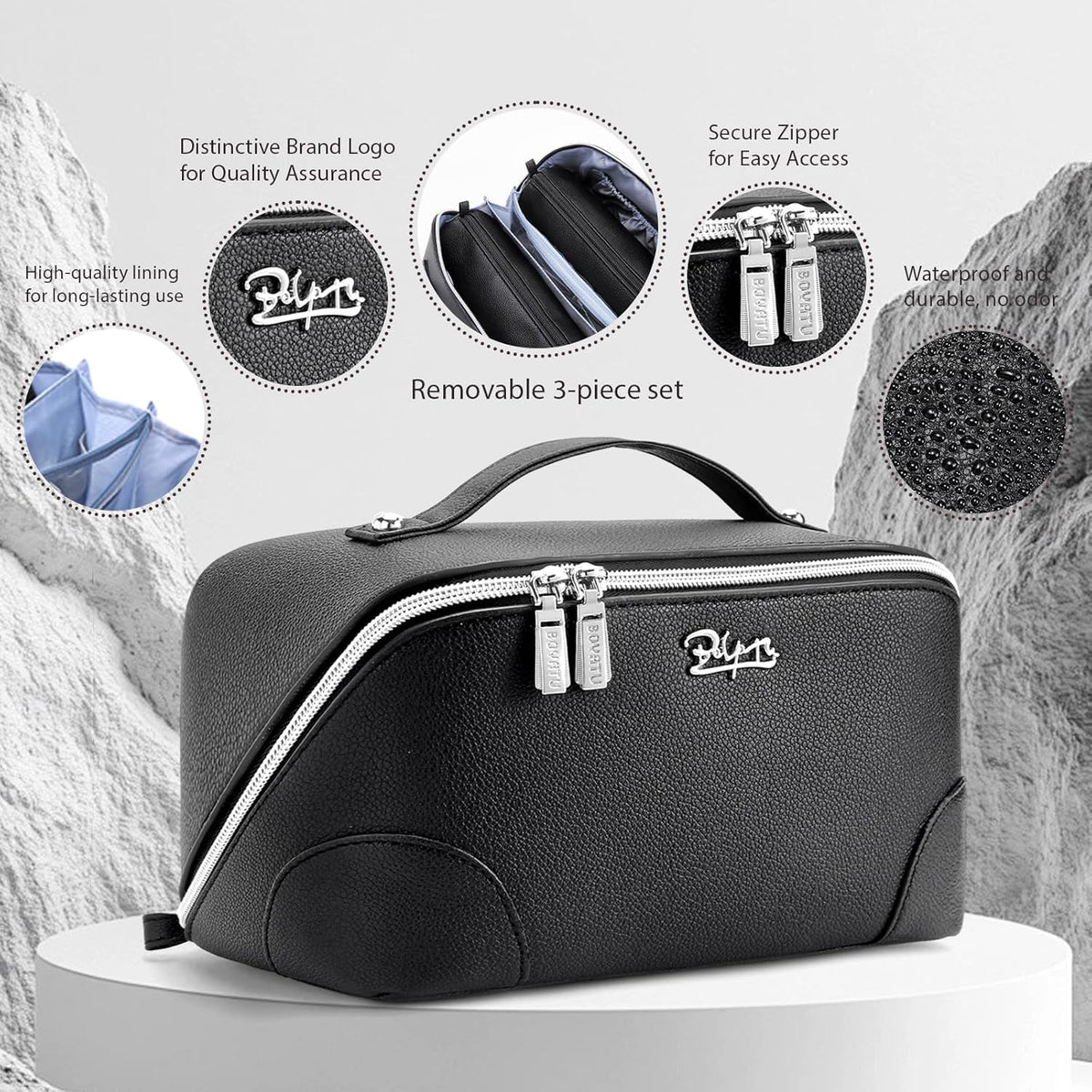 Travel Makeup Bag for Women: Large Cosmetic Bag Set of 3 - PU Leather Make up Bag with Compartments - Compact Waterproof Toiletry Bag with Divider & Handle (D-4-Red) - Colors A