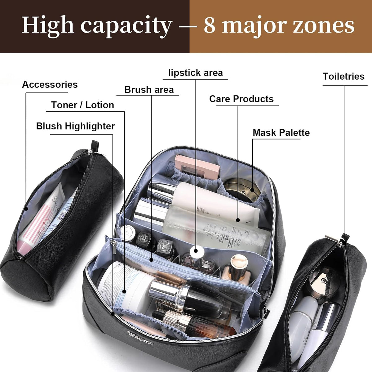 Travel Makeup Bag for Women: Large Cosmetic Bag Set of 3 - PU Leather Make up Bag with Compartments - Compact Waterproof Toiletry Bag with Divider & Handle (D-4-Red) - Colors A