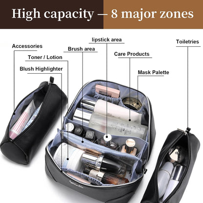 Travel Makeup Bag for Women: Large Cosmetic Bag Set of 3 - PU Leather Make up Bag with Compartments - Compact Waterproof Toiletry Bag with Divider & Handle (D-4-Red) - Colors A