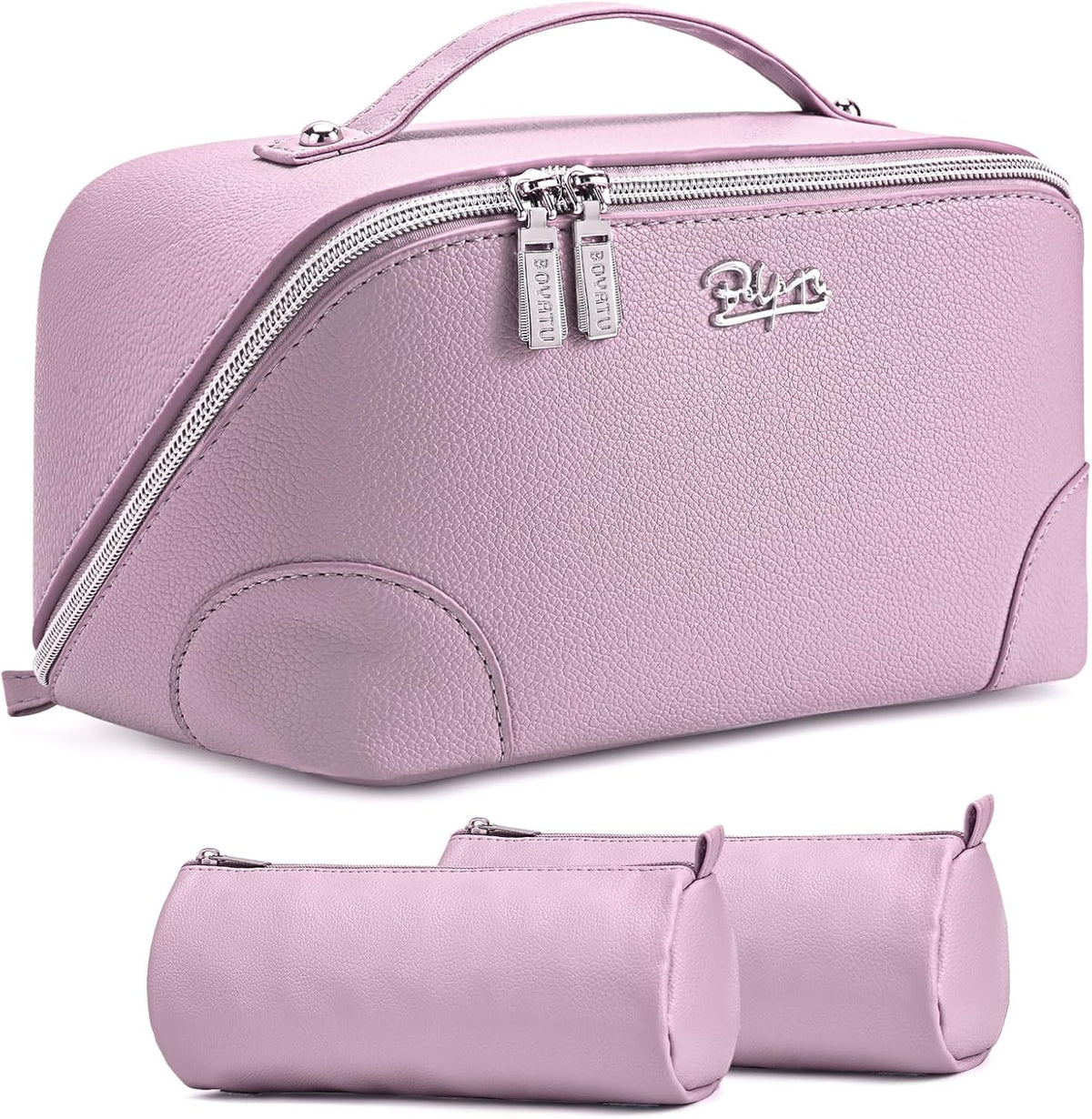 Travel Makeup Bag for Women: Large Cosmetic Bag Set of 3 - PU Leather Make up Bag with Compartments - Compact Waterproof Toiletry Bag with Divider & Handle (D-4-Red) - Colors A