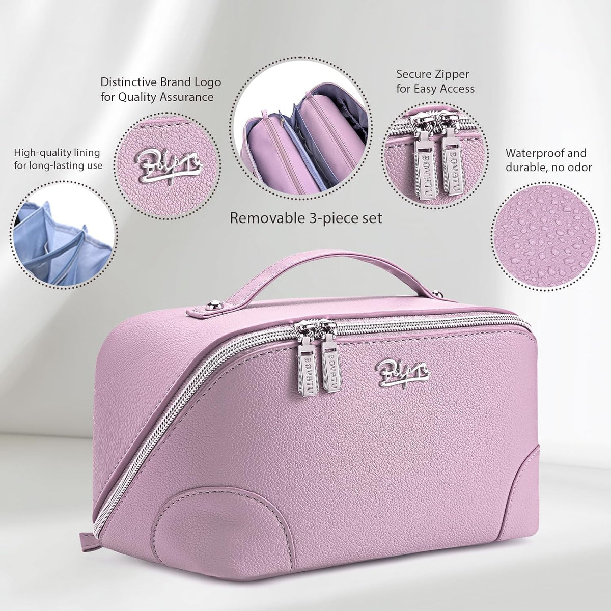 Travel Makeup Bag for Women: Large Cosmetic Bag Set of 3 - PU Leather Make up Bag with Compartments - Compact Waterproof Toiletry Bag with Divider & Handle (D-4-Red) - Colors A