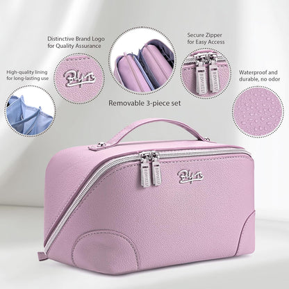 Travel Makeup Bag for Women: Large Cosmetic Bag Set of 3 - PU Leather Make up Bag with Compartments - Compact Waterproof Toiletry Bag with Divider & Handle (D-4-Red) - Colors A