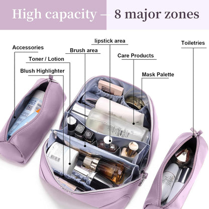 Travel Makeup Bag for Women: Large Cosmetic Bag Set of 3 - PU Leather Make up Bag with Compartments - Compact Waterproof Toiletry Bag with Divider & Handle (D-4-Red) - Colors A