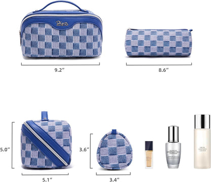 Travel Makeup Bag for Women: Large Cosmetic Bag Set of 3 - PU Leather Make up Bag with Compartments - Compact Waterproof Toiletry Bag with Divider & Handle (D-4-Red) - Colors A