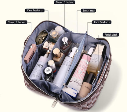 Travel Makeup Bag for Women: Large Cosmetic Bag Set of 3 - PU Leather Make up Bag with Compartments - Compact Waterproof Toiletry Bag with Divider & Handle (D-4-Red) - Colors A