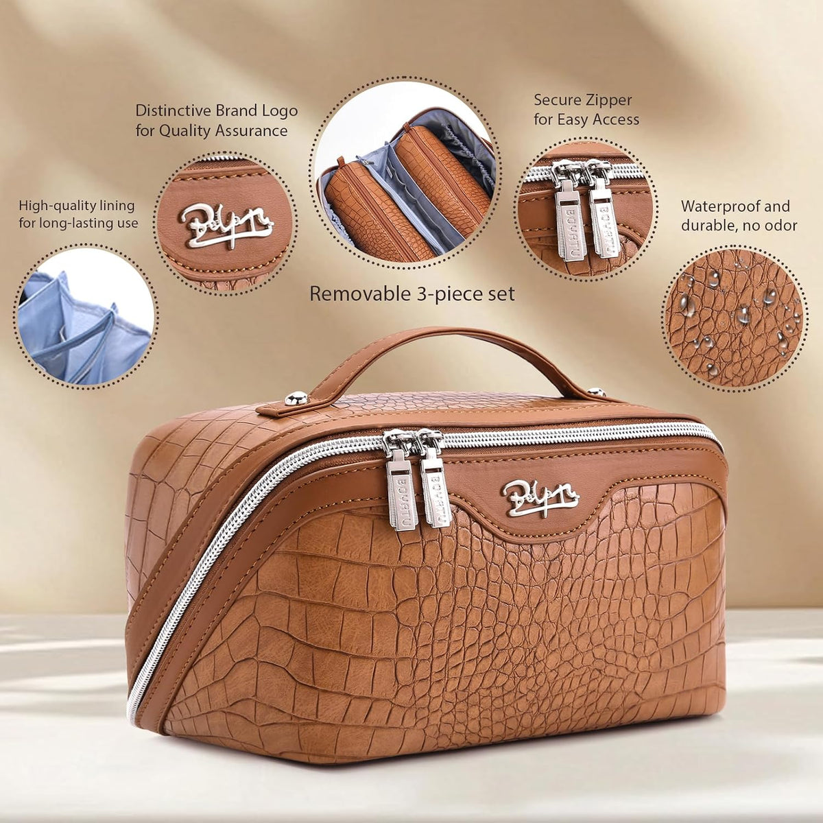 Travel Makeup Bag for Women: Large Cosmetic Bag Set of 3 - PU Leather Make up Bag with Compartments - Compact Waterproof Toiletry Bag with Divider & Handle (D-4-Red) - Colors A