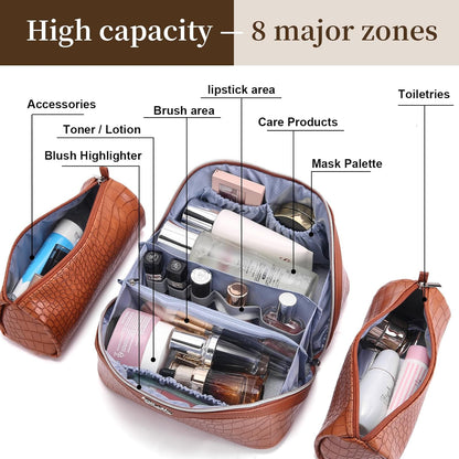 Travel Makeup Bag for Women: Large Cosmetic Bag Set of 3 - PU Leather Make up Bag with Compartments - Compact Waterproof Toiletry Bag with Divider & Handle (D-4-Red) - Colors A