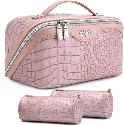 Travel Makeup Bag for Women: Large Cosmetic Bag Set of 3 - PU Leather Make up Bag with Compartments - Compact Waterproof Toiletry Bag with Divider & Handle (D-4-Red) - Colors A