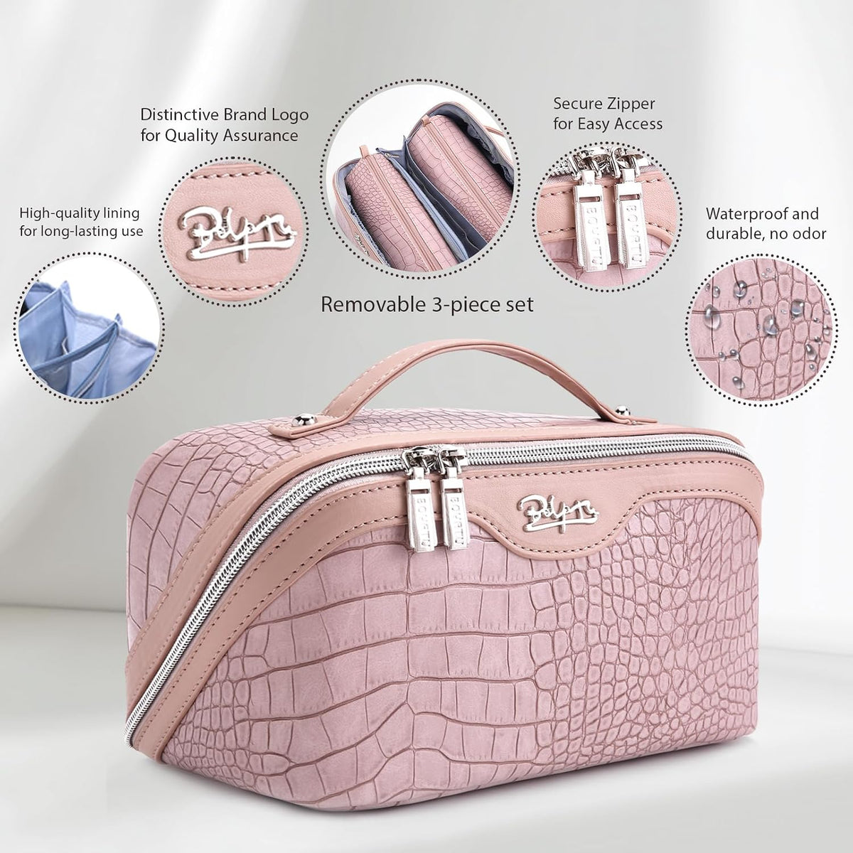 Travel Makeup Bag for Women: Large Cosmetic Bag Set of 3 - PU Leather Make up Bag with Compartments - Compact Waterproof Toiletry Bag with Divider & Handle (D-4-Red) - Colors A
