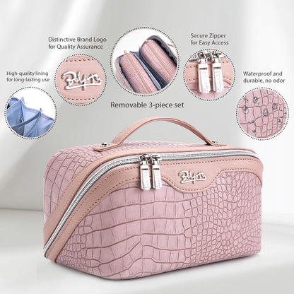 Travel Makeup Bag for Women: Large Cosmetic Bag Set of 3 - PU Leather Make up Bag with Compartments - Compact Waterproof Toiletry Bag with Divider & Handle (D-4-Red) - Colors A