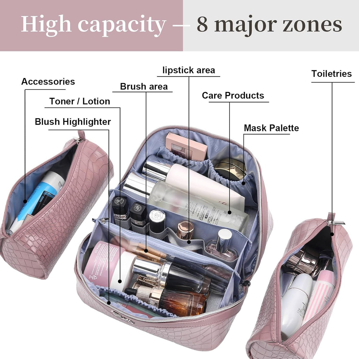 Travel Makeup Bag for Women: Large Cosmetic Bag Set of 3 - PU Leather Make up Bag with Compartments - Compact Waterproof Toiletry Bag with Divider & Handle (D-4-Red) - Colors A