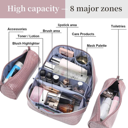 Travel Makeup Bag for Women: Large Cosmetic Bag Set of 3 - PU Leather Make up Bag with Compartments - Compact Waterproof Toiletry Bag with Divider & Handle (D-4-Red) - Colors A