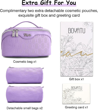 Travel Makeup Bag for Women: Large Cosmetic Bag Set of 3 - PU Leather Make up Bag with Compartments - Compact Waterproof Toiletry Bag with Divider & Handle (D-4-Red) - Colors A